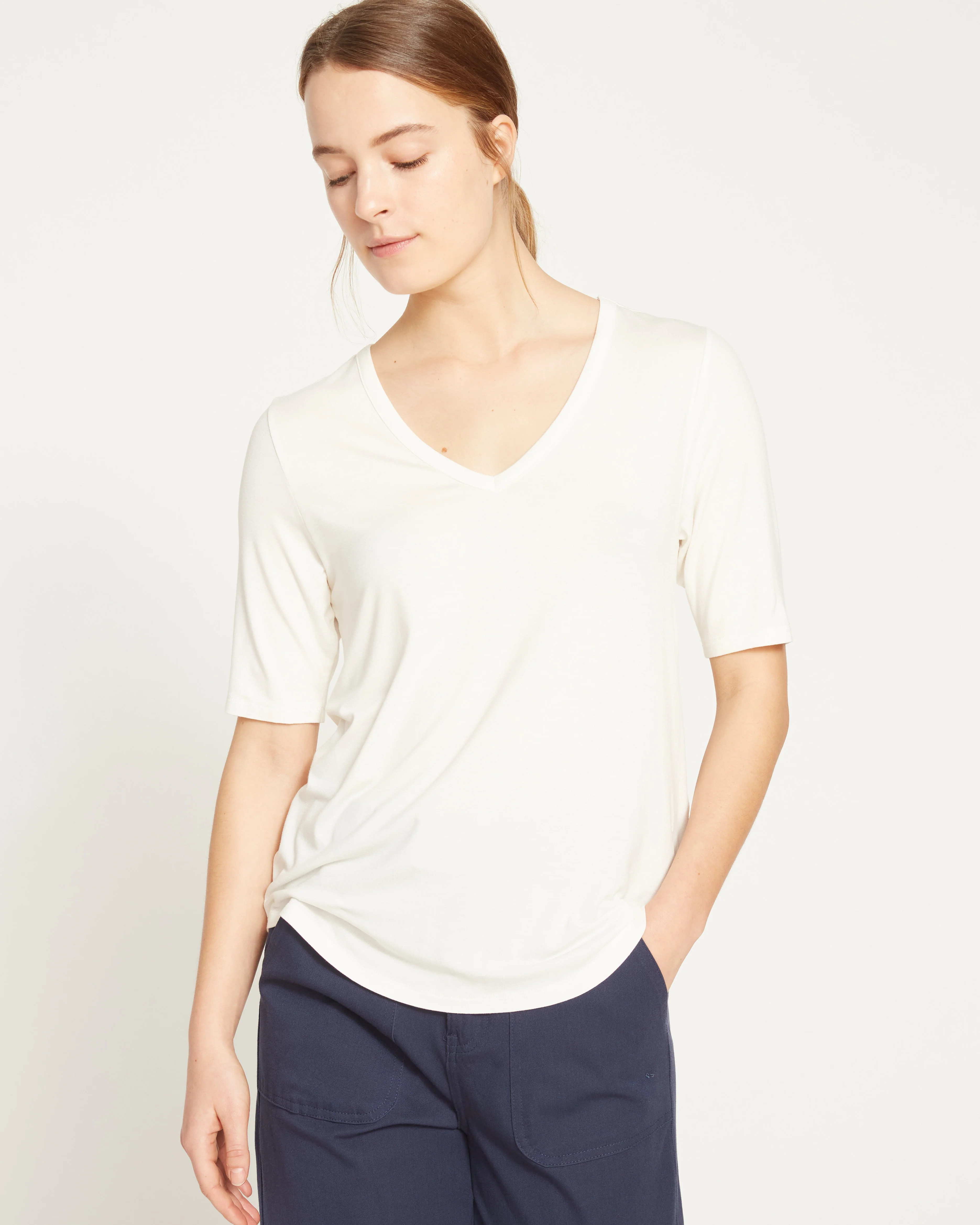 Lily Liquid Jersey V-Neck Stovepipe Tee - White | Universal Standard