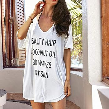 Oryer Swimsuit Cover Ups for Women Baggy V-Neck Swimwear Bathing Suit Coverups T-Shirt Dress Beac... | Amazon (US)