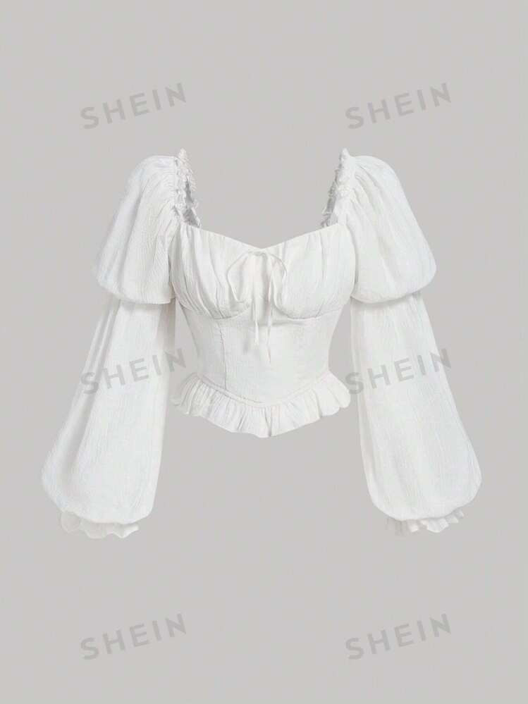SHEIN MOD Hartvormige hals Flare mouwen Buste met ruches Franjestrim Blouses | SHEIN  Nederland | SHEIN