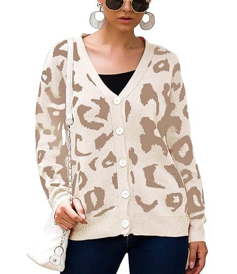 KIRUNDO 2019 Women’s Winter Autumn Sweater Coat Long Sleeves V Neck Button Up Knitted Cute Leop... | Amazon (US)
