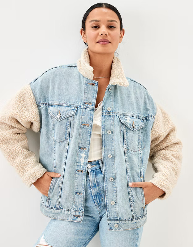 AE Sherpa-Sleeve Denim Jacket | American Eagle Outfitters (US & CA)