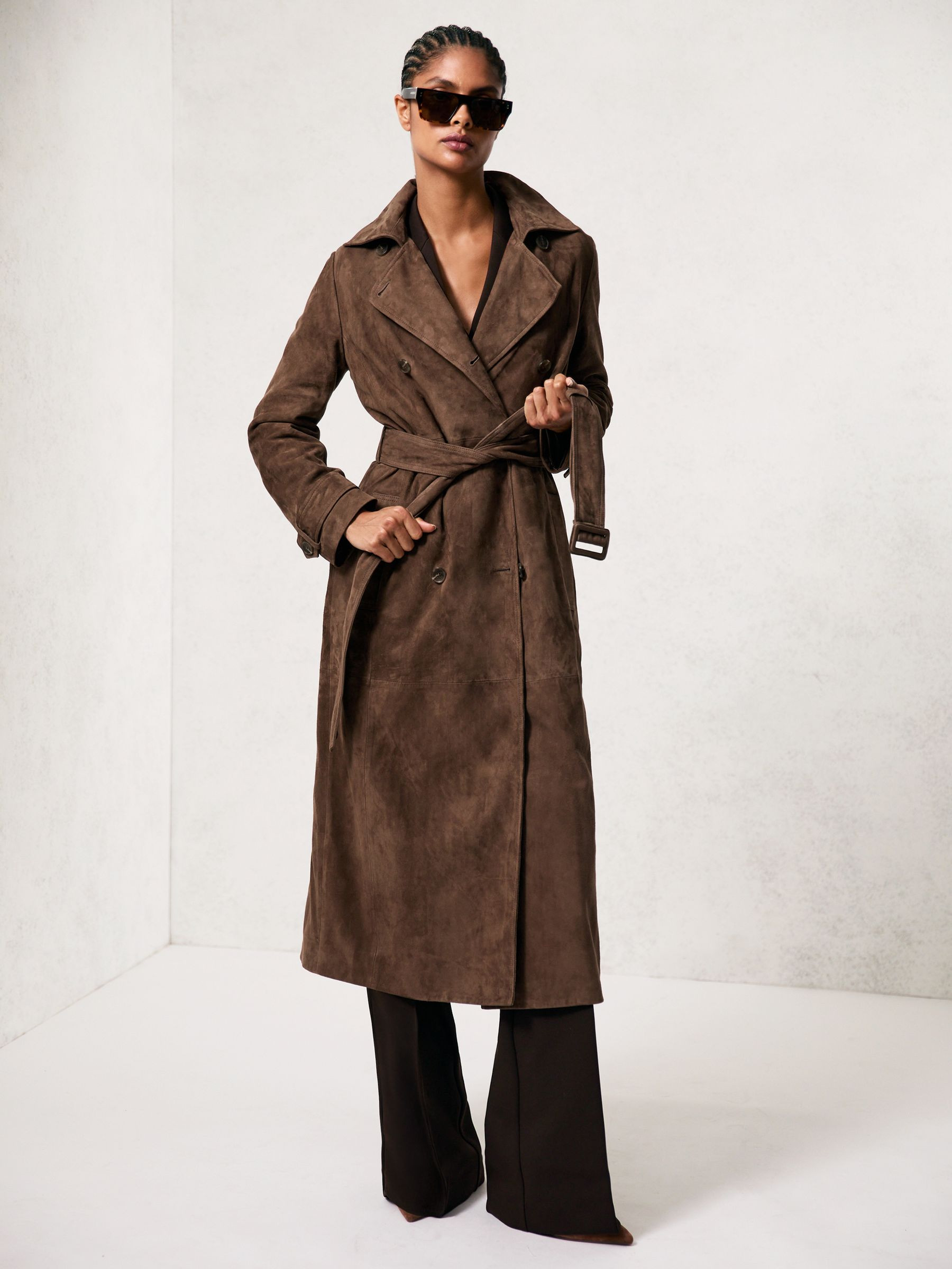 Suede Belted Trench Coat in Taupe Neutral | Reiss UK