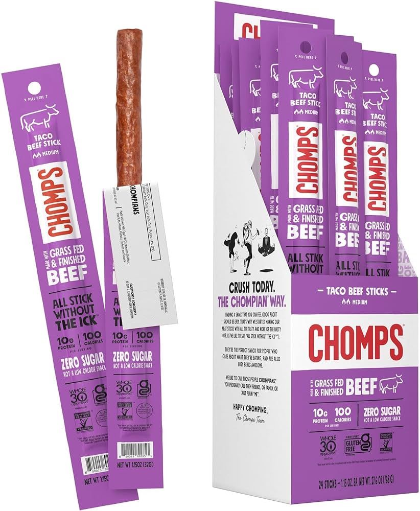 Chomps Grass-Fed Taco Beef Jerky Snack Sticks 24-Pack - Keto, Paleo, Whole30, 10g Lean Meat Prote... | Amazon (US)