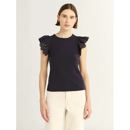 Free Assembly Women s and Women s Plus Eyelet Flutter Sleeve Tee Sizes XS-4X | Walmart (US)