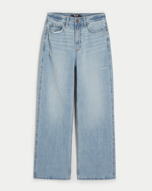 Women's Ultra High-Rise Distressed Medium Wash Baggy Jeans | Women's Bottoms | HollisterCo.com | Hollister (US)