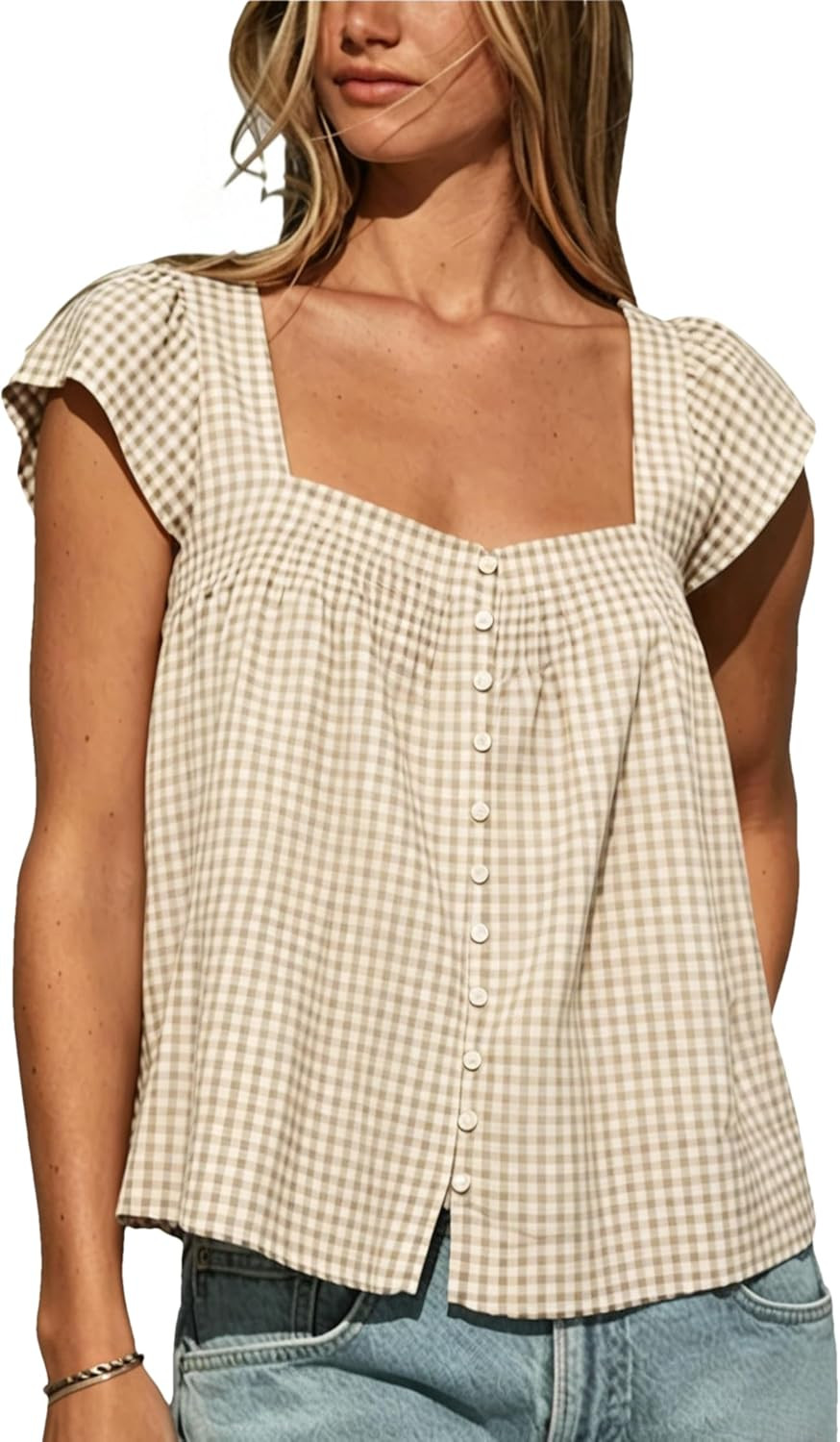 Cotton Linen Tops for Womens Square Neck Shirt for Summer | Amazon (US)