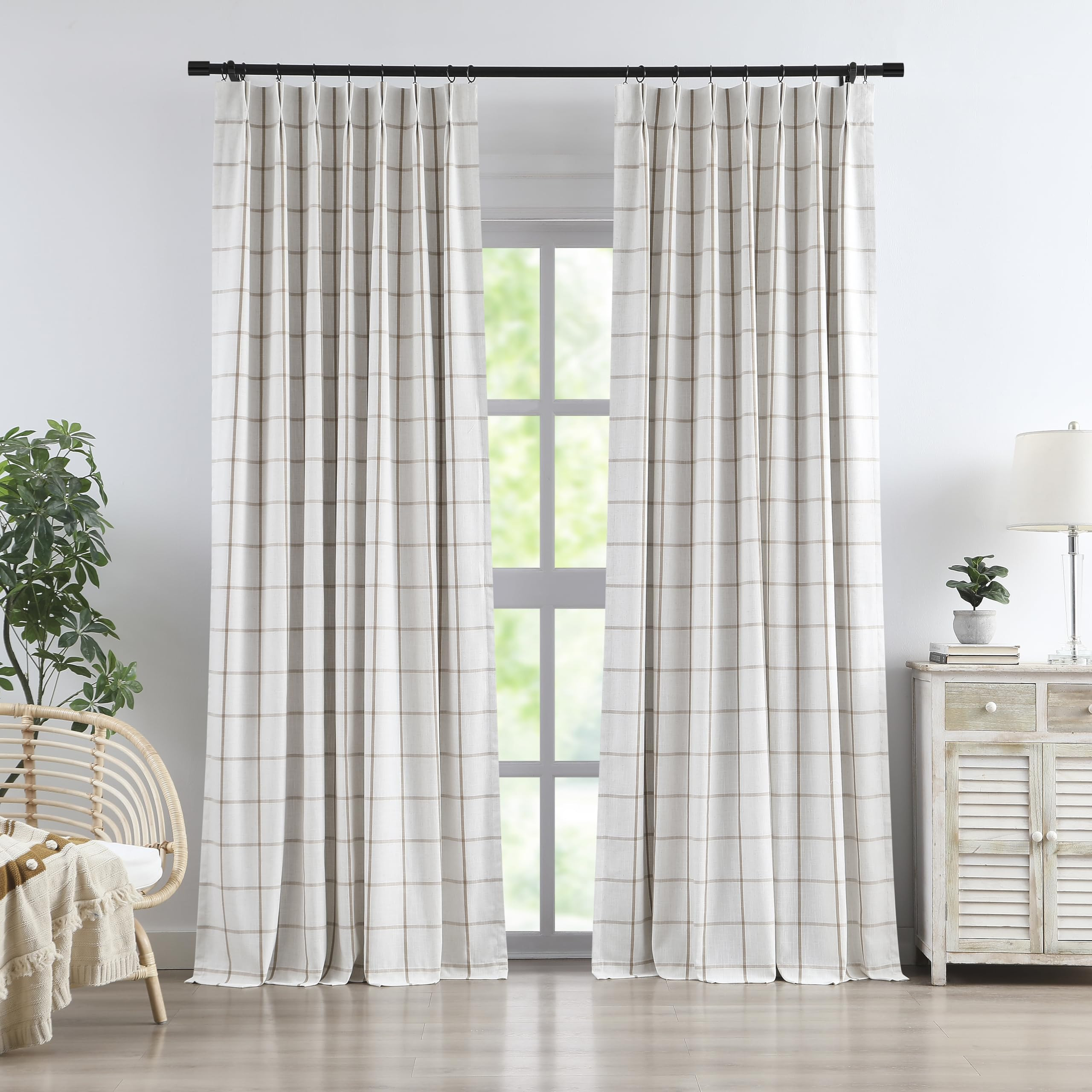 Vision Home Flax Linen Plaid Pinch Pleated Full Blackout Curtains Checkered Thermal Insulated Win... | Amazon (US)