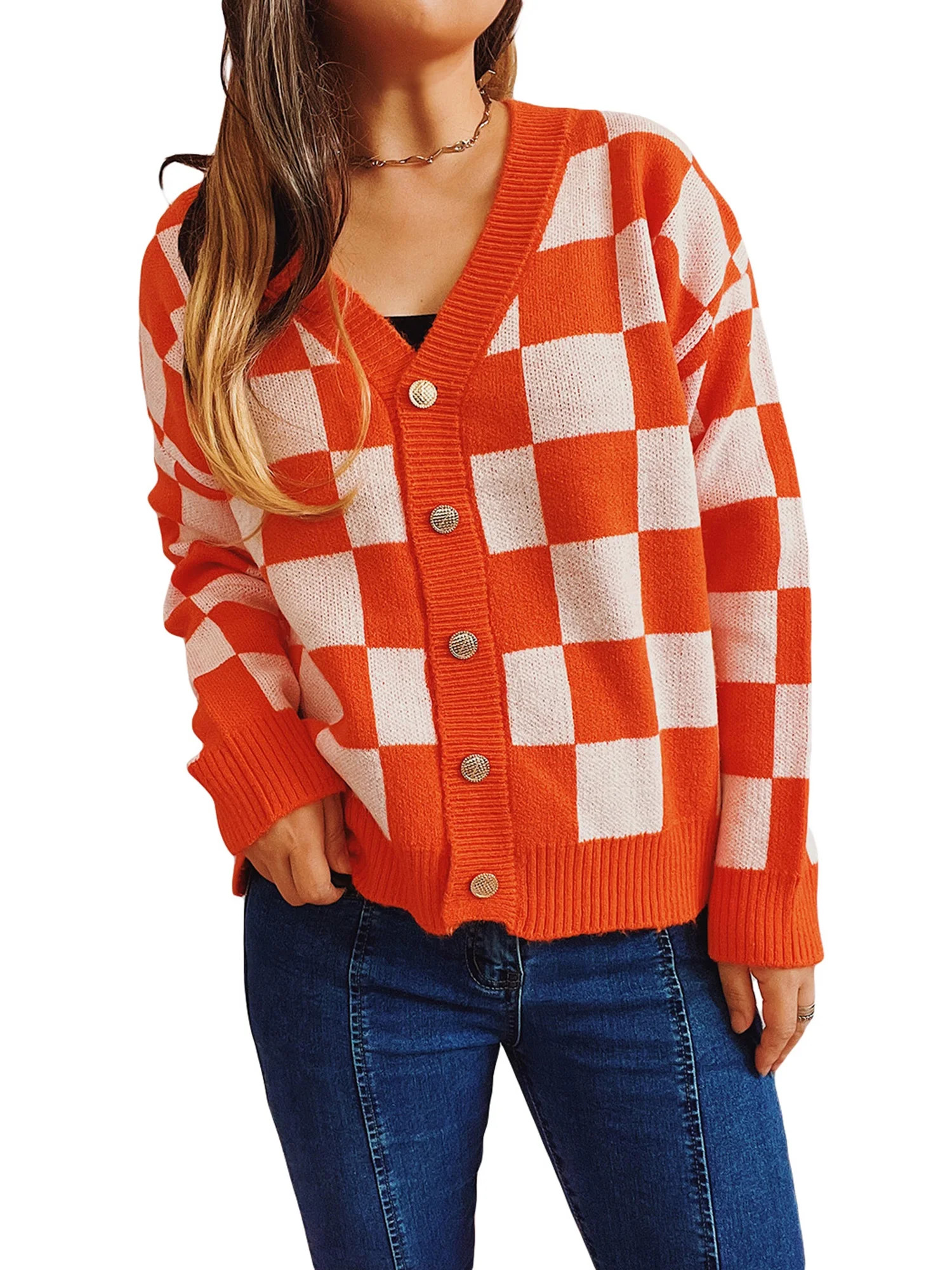 Wassery Women Checkered Knitting Sweater Coat Cardigan Long Sleeve V Neck Plaid Buttons Spring St... | Walmart (US)
