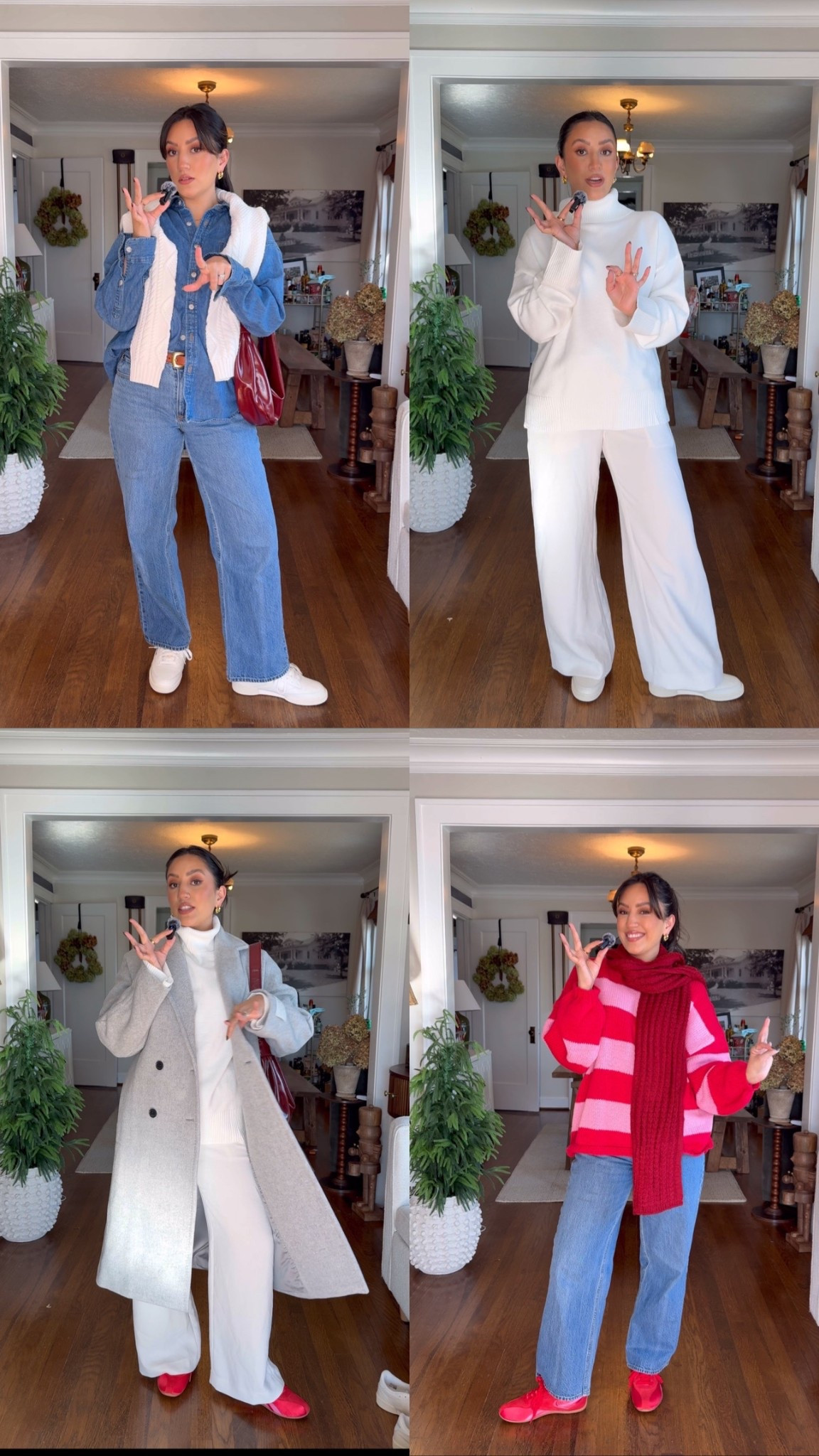 Styling sneakers for holiday parties & winter events! 

White vintage Reebok’s- 7.5
Red low rise reeboks- 7.5
Denim top- XS
denim jeans- 27 short
White wool sweater- small
White turtleneck sweater- small
White lodge pants- small
Grey slouchy wool coat- small
Red and pink striped chunky sweater- small
 

#LTKFindsUnder50 #LTKSeasonal #LTKHoliday