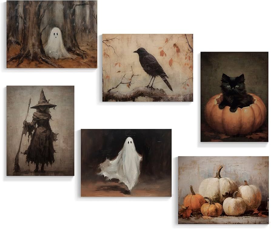 Xianyojafa Vintage Halloween Canvas Wall Art, Retro Black Cat Pumpkin Poster 6 Piece 8x10in, Victorian Raven Ashland Witch Picture Print, Creepy Spooky Ghost Dark Academia Wall Decor Unframed | Amazon (US)