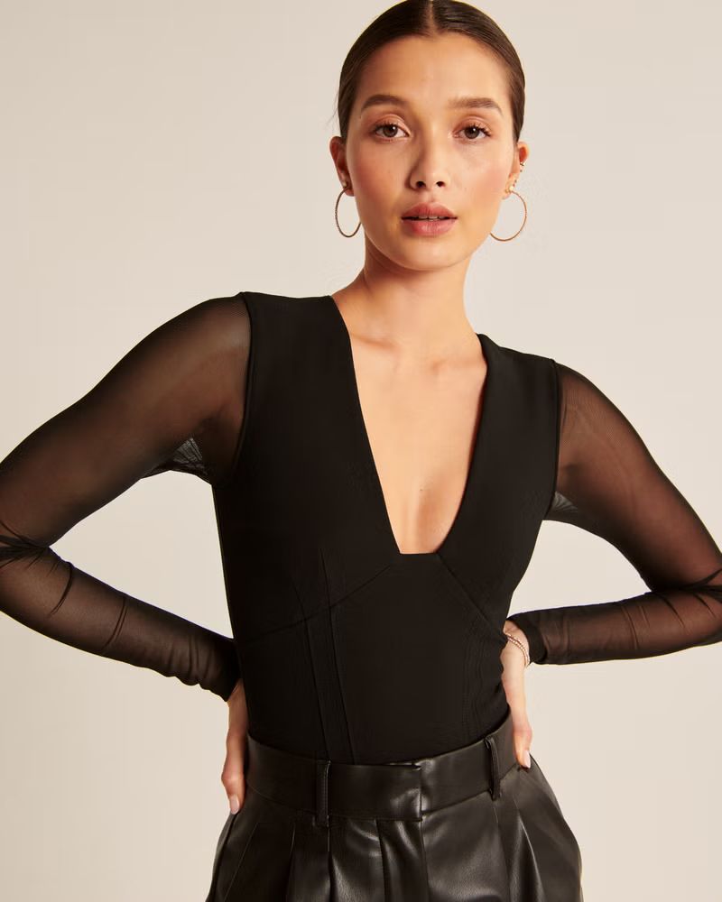 Long-Sleeve Plunge Mesh Bodysuit | Abercrombie & Fitch (US)