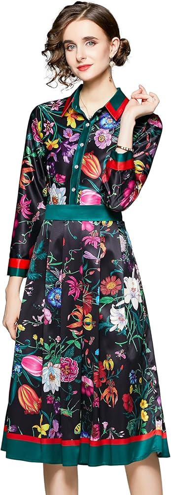 LAI MENG FIVE CATS Women's 3/4 Sleeve Floral Print Button up Casual A-line Flowy Midi Dress | Amazon (US)