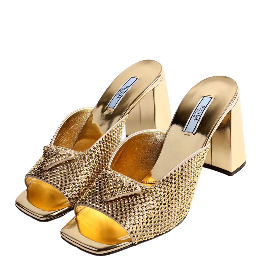 Triangle Logo Satin/Crystal 90MM Mules Size 37.5 Gold | Keeks Designer Handbags
