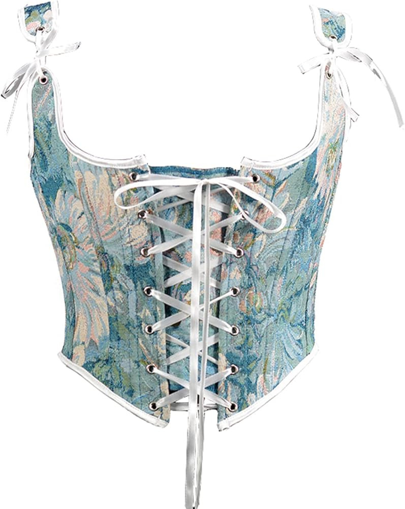 Women's Vintage Court Bustier Corset U Neck Lace Up Floral Print Vest Top | Amazon (US)
