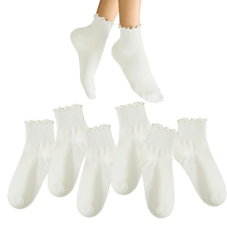 Livease 6 Pairs White Ankle Socks Women, Cute Ruffle Sock for Girl Women, Crew Frilly Sock - Walm... | Walmart (US)