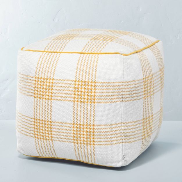 Plaid Indoor/Outdoor Ottoman Pouf Gold/Cream - Hearth & Hand™ with Magnolia | Target