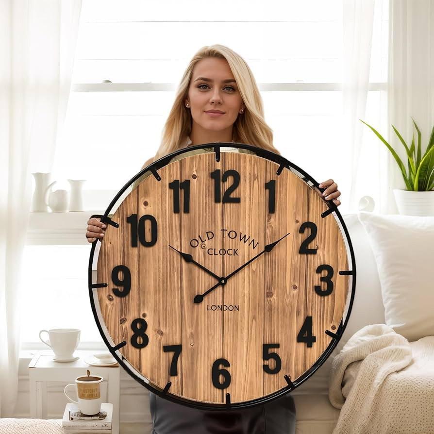 EMAX HOME Large Old Town Farmhouse Wall Clock 30 Inches Rustic Antique Wood with Metal Circle and... | Amazon (US)