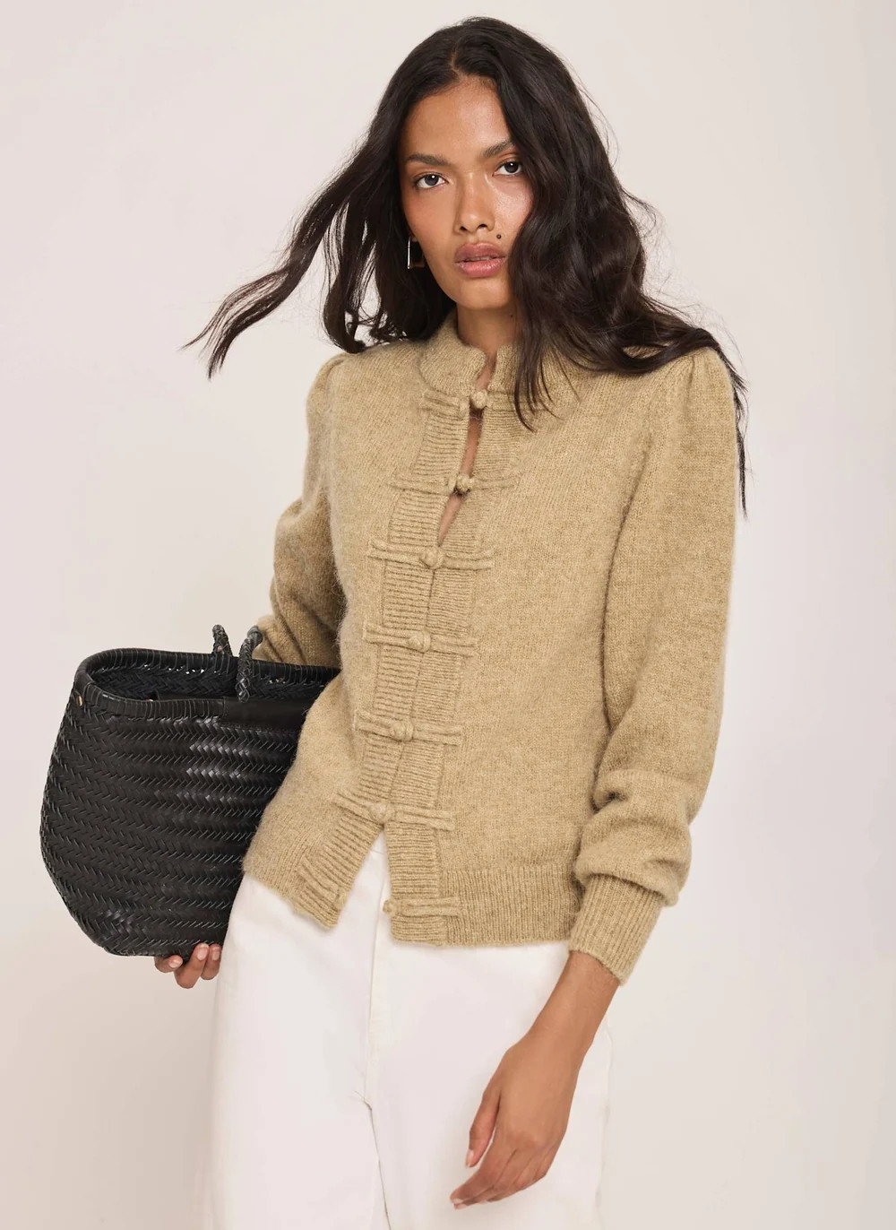 Olive Green Knot Button Detail Cardigan | Mint Velvet