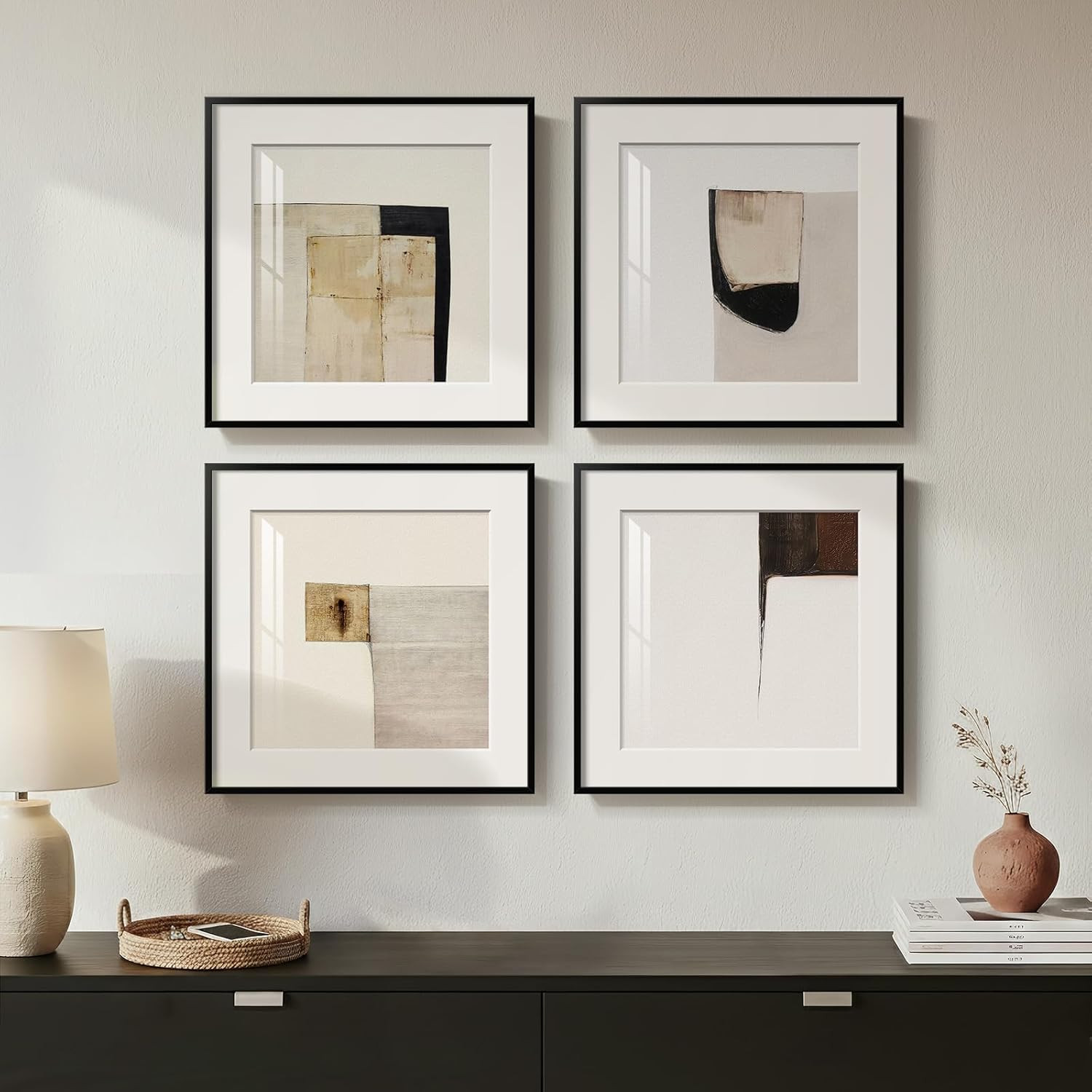 4 Piece Framed Neutral Abstract Wall Art Set, Tan and Black Geometric Modern Pictures Prints, Min... | Amazon (US)