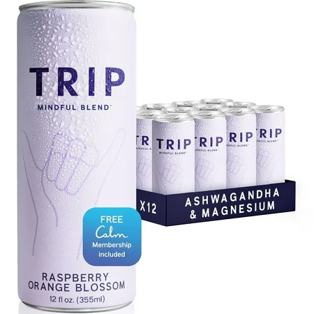 Trip Mindful Blend Refreshing Magnesium Soda, Raspberry Orange Blossom, 12 Oz, 12 Pack Cans, 120mg Magnesium Citrate with Ashwagandha, Lions Mane & L Theanine, No Added Sugar, Vegan | Walmart (US)
