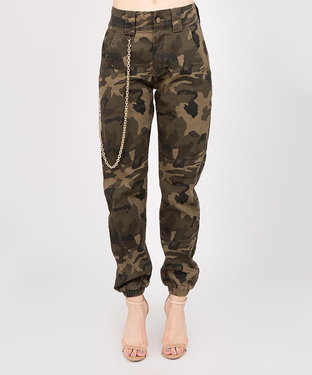American Bazi Women's Casual Pants CAMO - Olive Camouflage High-Waist Joggers | Zulily