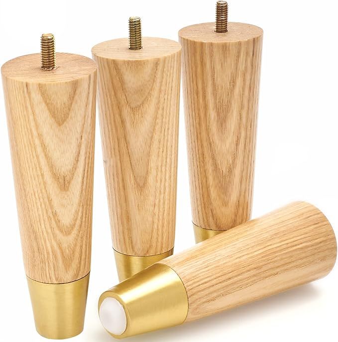 Ash Wood Furniture Legs With Gold Caps - Mid Century Legs For Sofa, Chair, Table, Dresser, Bed, C... | Amazon (US)