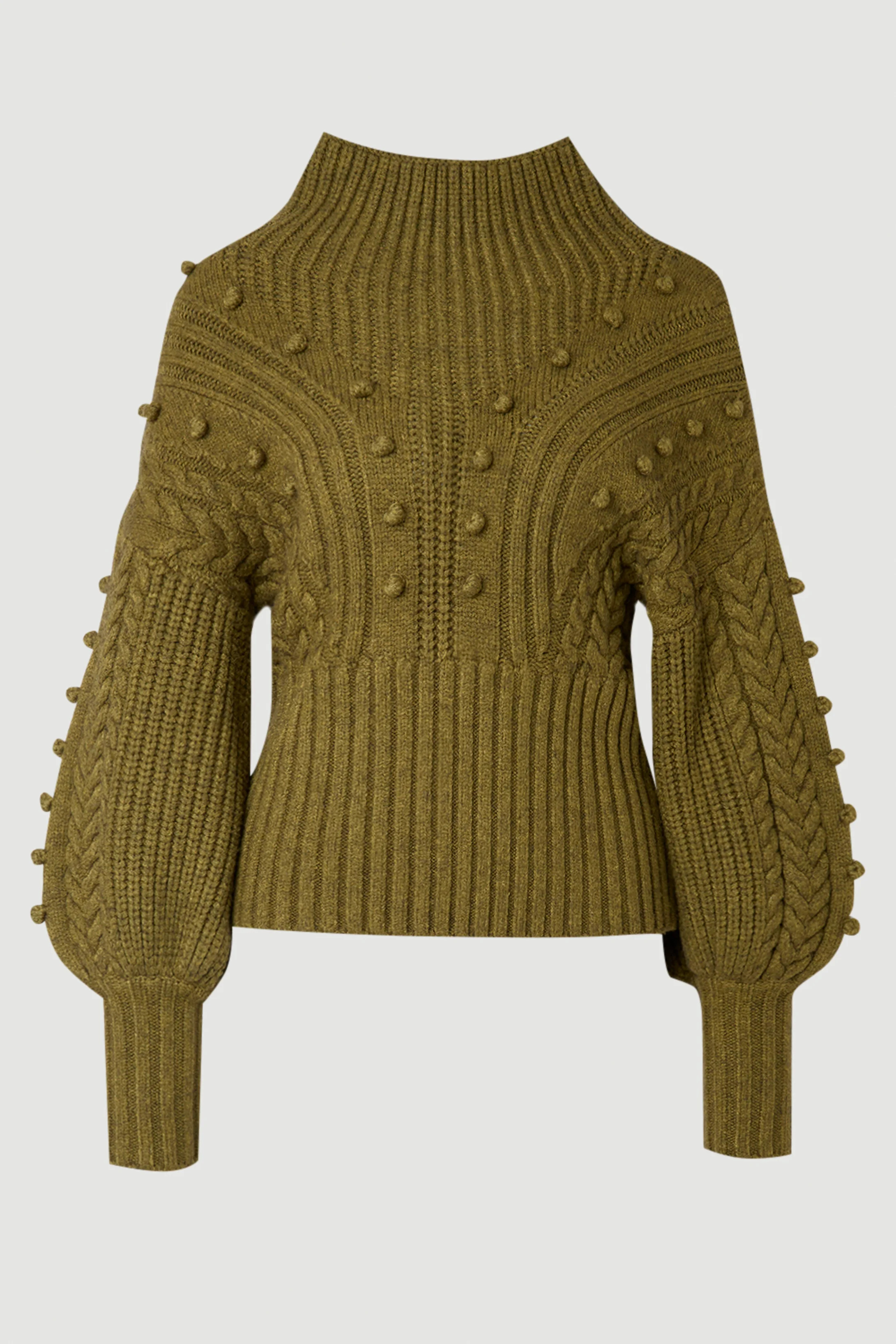 Bobble Detail Balloon Sleeve Cable Knit Viscose Blend Jumper | Karen Millen UK + IE + DE + NL