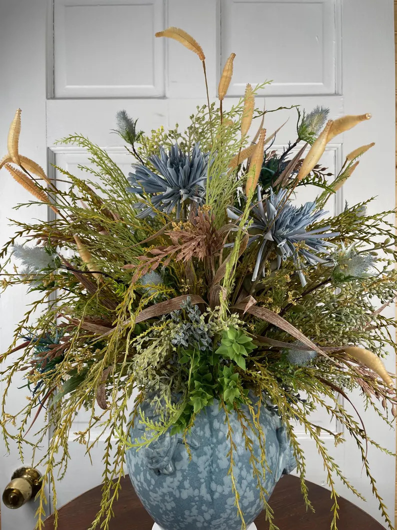 Coastal Floral Arrangement, Blue Thistle Dahlia, Turtle Vase Centerpiece - Etsy | Etsy (Global)