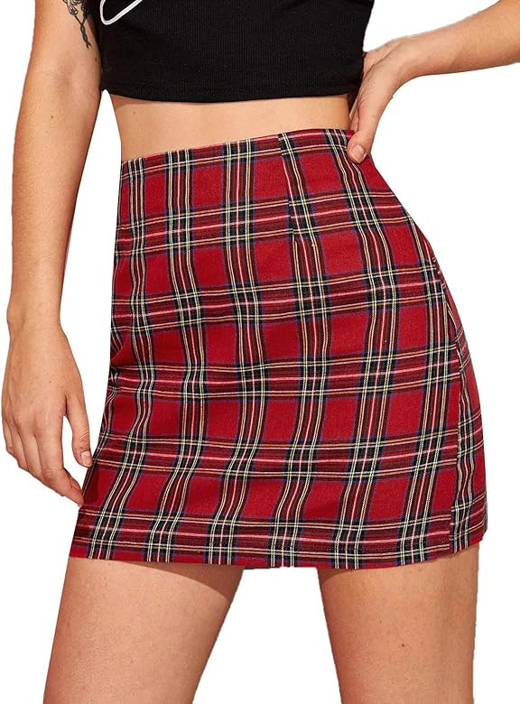 MakeMeChic Women's Plaid Skirt Zipper Back High Waist A-Line Mini Skirt | Amazon (US)