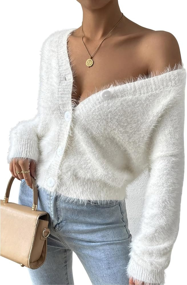 Pink Queen Women's Furry Cropped Cardigan Batwing Sleeves Open Front V-Neck Button Down Loose Kni... | Amazon (US)