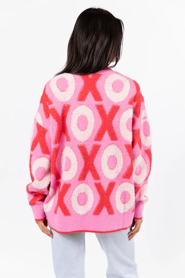 Hugs and Kisses Pink and Red Multi Embroidered Sweater | Pink Lily