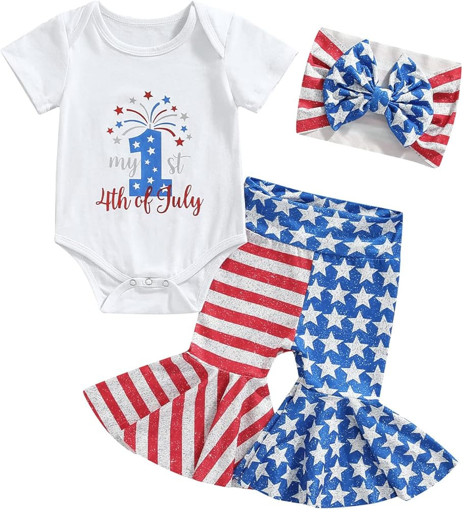 4th of July Baby Girl Outfits USA Ribbed Short Sleeve Romper Stars Bell Bottoms Newborn Fourth of... | Amazon (US)