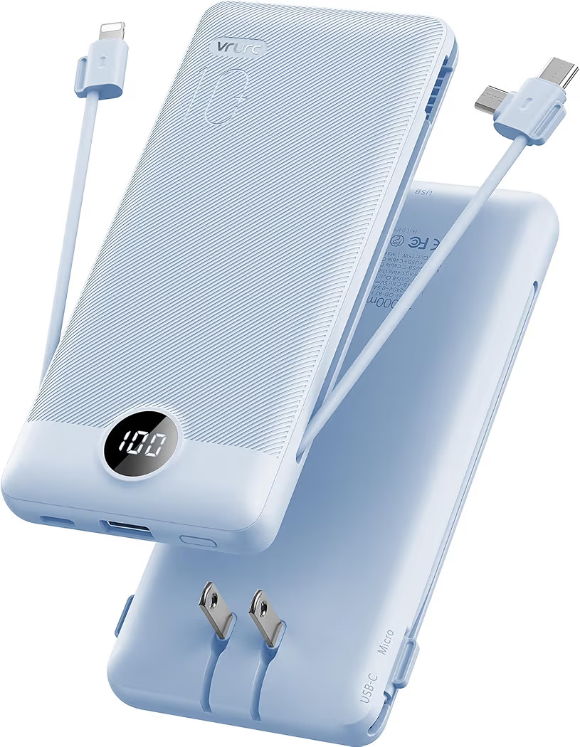 VRURC Portable Charger Built-in Cables and AC Wall Plug, USB C Power Bank 10000mAh, Travel Essent... | Amazon (US)