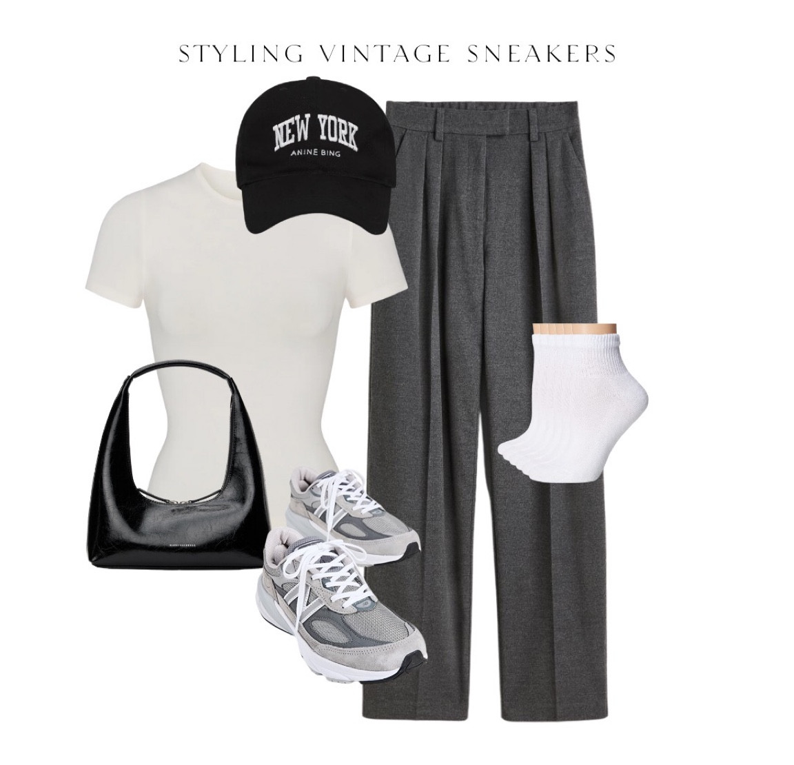 Styled these vintage new balance sneakers with a skims tee and dress pant! I love this look for running errands this spring and summer. 

vintage sneaker l summer outfit l city look l summer outfit look l sneakers outfit l hat outfit l black bag