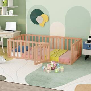 Natural Twin Size Montessori Bed with Fence and Door, Toddler Floor Bed Frane Twin Size, Floor Bed frame for Kids | The Home Depot