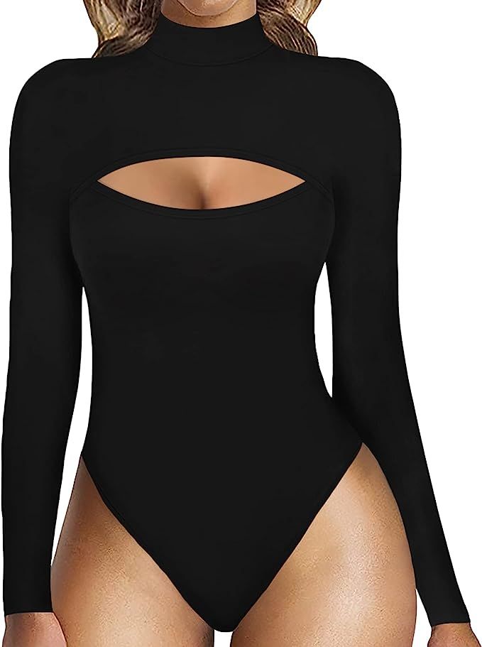 MANGOPOP Women's Sexy Cutout Front T Shirt Long Sleeve Short Sleeve Bodysuit Jumpsuits | Amazon (US)