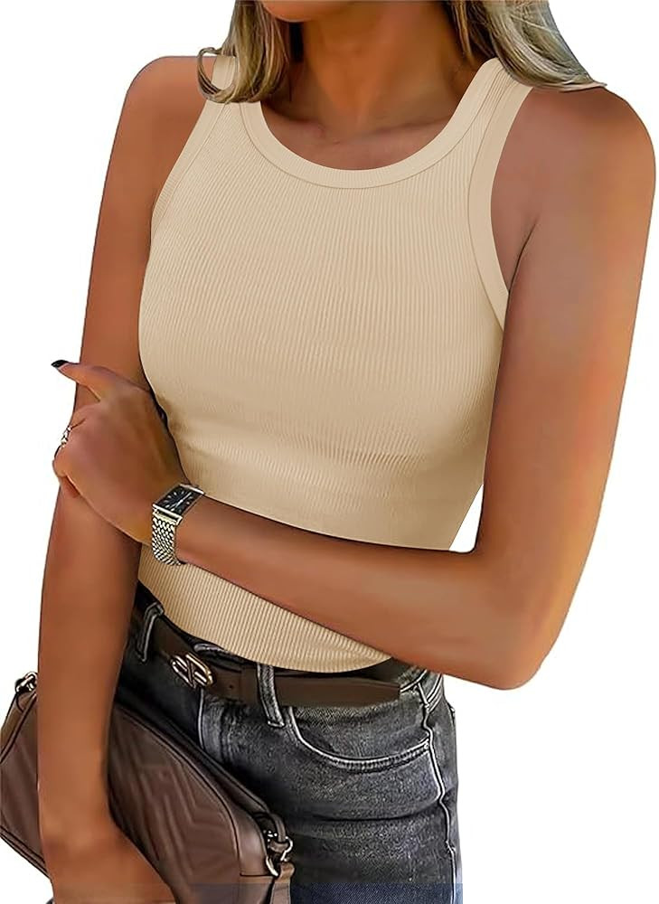 Roselux Women's Sleeveless Crew High Neck Fitted Tank Top Summer Ribbed Knit Slim Basic Cami Shir... | Amazon (US)