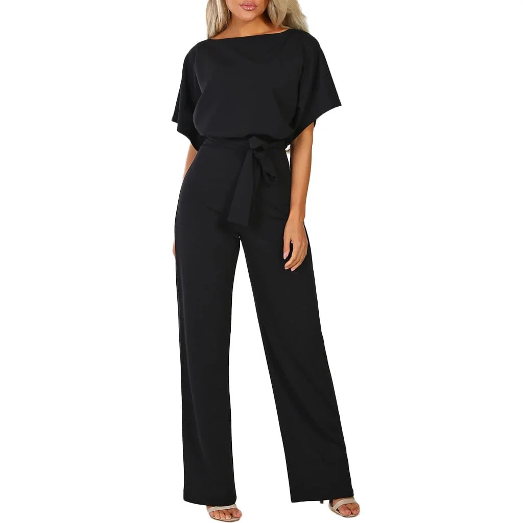 Fesfesfes Dressy Jumpsuit for Women Short Sleeve Round Neck Playsuit Clubwear Straight Leg Solid ... | Walmart (US)