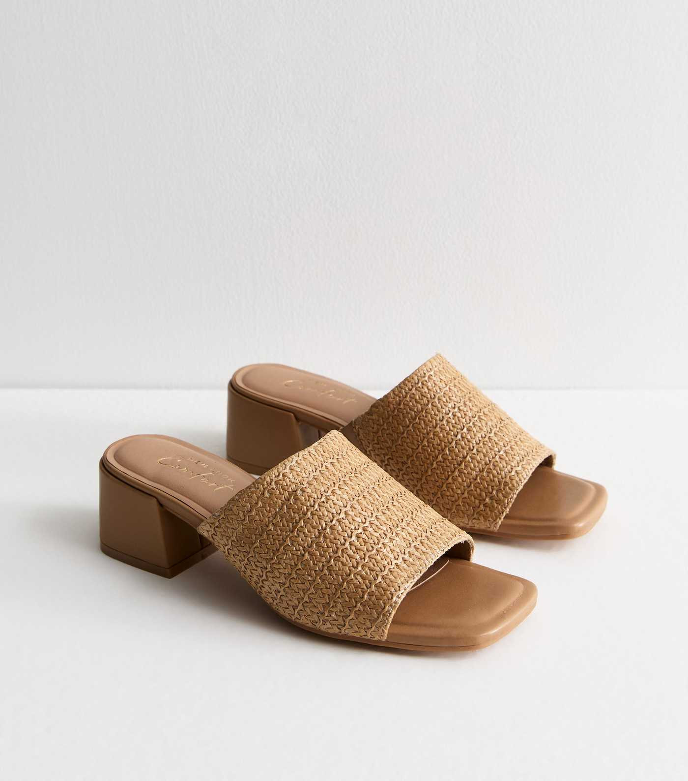 Brown Raffia Low Block Heel Mules  | New Look | New Look (UK)