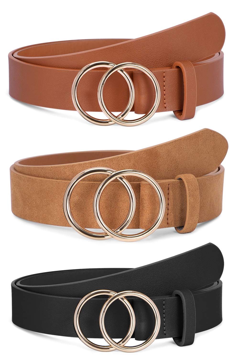 3 Pack Women Leather Belts Faux Leather Jeans Belt with Double O Ring Buckle | Amazon (US)