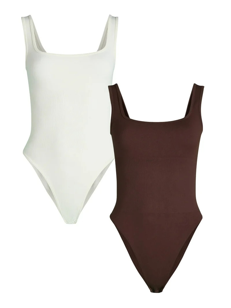 Joyspun Women's Seamless Slimming Square Neck Tank Bodysuit, 2-Pack, Sizes S-3XL | Walmart (US)