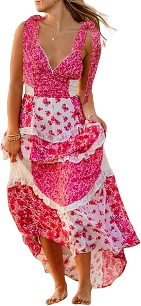Women Summer Boho Dress Floral Printing Sleeveless Tie Shoulder Flowy Maxi Dress Y2k Beachwear Su... | Amazon (US)