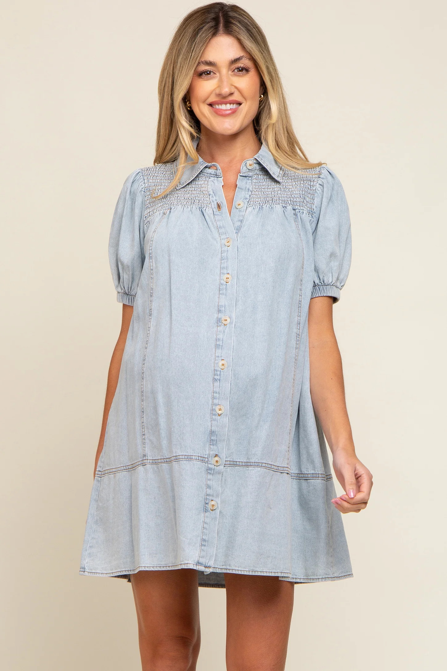 Light Blue Denim Smocked Button Up Maternity Dress | PinkBlush Maternity