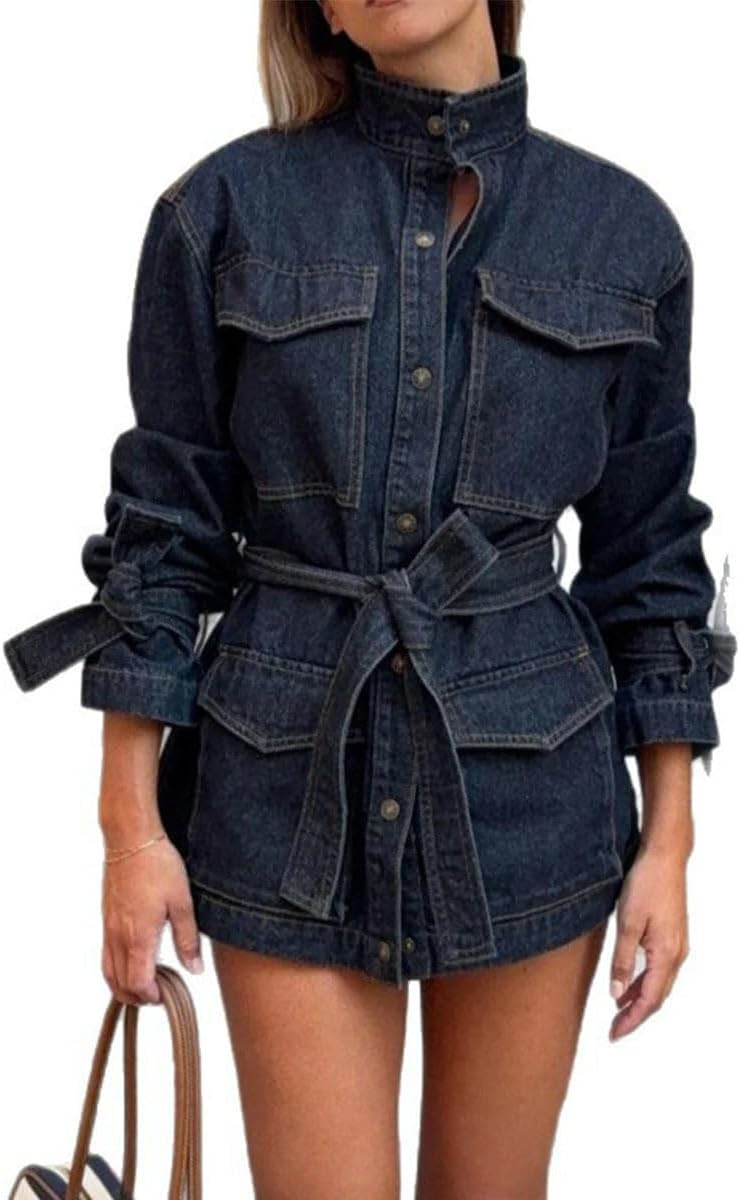 Wuitrie Denim Jacket for Women Button Long Sleeve Tie Streetwear Loose Casual Jean Jacket Fall Coats with Big Pockets | Amazon (US)