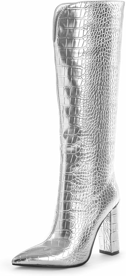 Women Knee High Boots Slim Calf 4.33" Block Heel Pointed Toe Tall Boots Pull On | Amazon (US)