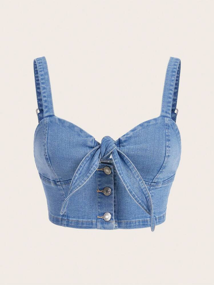 SHEIN SXY Plus Size Women Stretchy Bowknot Denim Cami Top, Light Blue | SHEIN