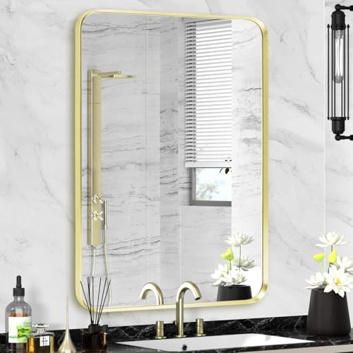 Minuover Gold Framed Bathroom Mirror, Brushed Gold Bathroom Vanity Wall Mirror, Rounded Rectangle Gold Frame Mirror, Tempered Glass, Anti-Rust, Hangs Horizontally or Vertically (22" x 30", Gold) | Amazon (US)
