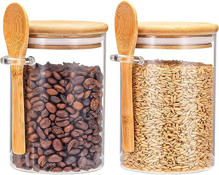 Airtight Food Storage Containers, Glass Canister With Wooden Spoon and Lids, 20 Oz Jars for Servi... | Amazon (US)