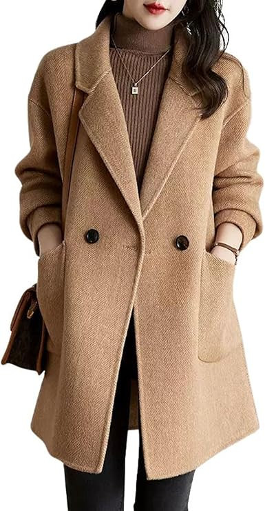 chouyatou Women's Notch Lapel Herringbone Wool Coat Formal Office Work Double Breasted Winter Pea... | Amazon (US)