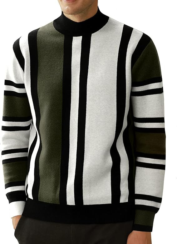 GRACE KARIN Mens Vintage Sweater Mockneck Striped Pullover Sweater Fashion Jumper Sweater | Amazon (US)